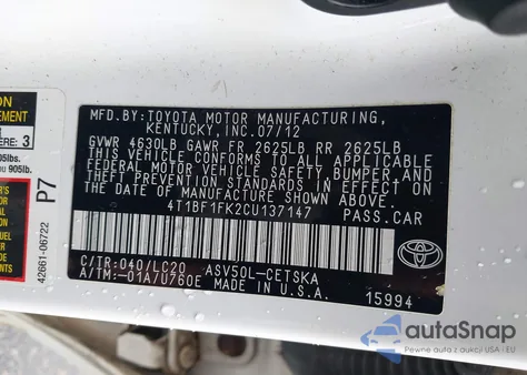 2012 Toyota Camry Se из США, поврежденный, VIN 4T1BF1FK2CU137147